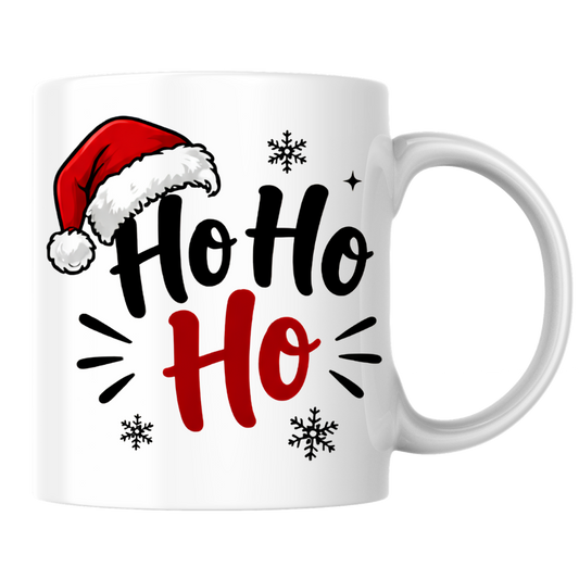 Christmas Santa Hat Mug "Ho Ho Ho" Ho Ho Ho 325ml Ceramic Coffee Mug – Festive Santa Claus Typography Slogan with Red Santa Hat, Snowflakes & Burst Lines | Winter Holiday Gift | Fast Dispatch by UK Seller (M3436)
