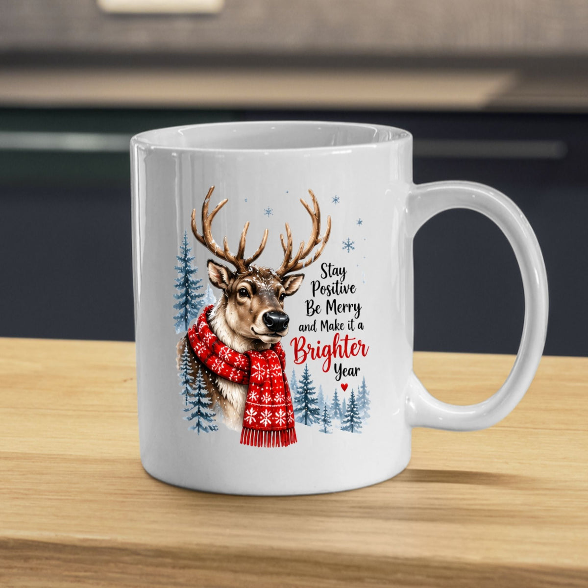 Uplifting Mug "Stay Positive Be Merry and Make it a Brighter Year" Reindeer 325ml Ceramic Coffee Mug Cozy Winter Holiday Tea Cup with Red Snowflake Scarf & Pine Forest Gift | Available in Multicolours | Fast Dispatch by UK Seller (M1259)