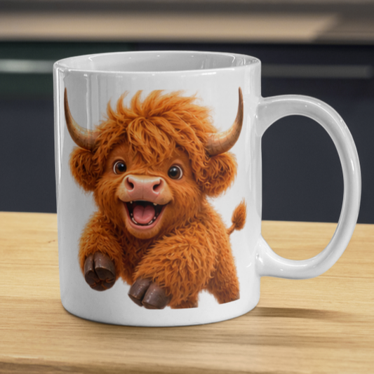 Joyful Jumping Baby Highland Cow Coffee Mug - Cute Playful Farm Animal Ceramic Tea Cup for Happy Morning & Animal Lover Gift (M1216)