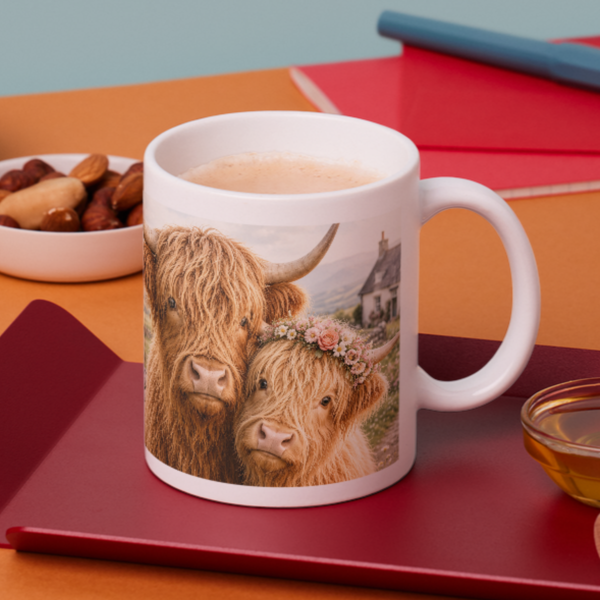 Cute Highland Cow Coffee Mug with Floral Crown - Fluffy Farmhouse Animal Ceramic Tea Cup for Cow Lovers & Rustic Kitchen Decor (M1201)