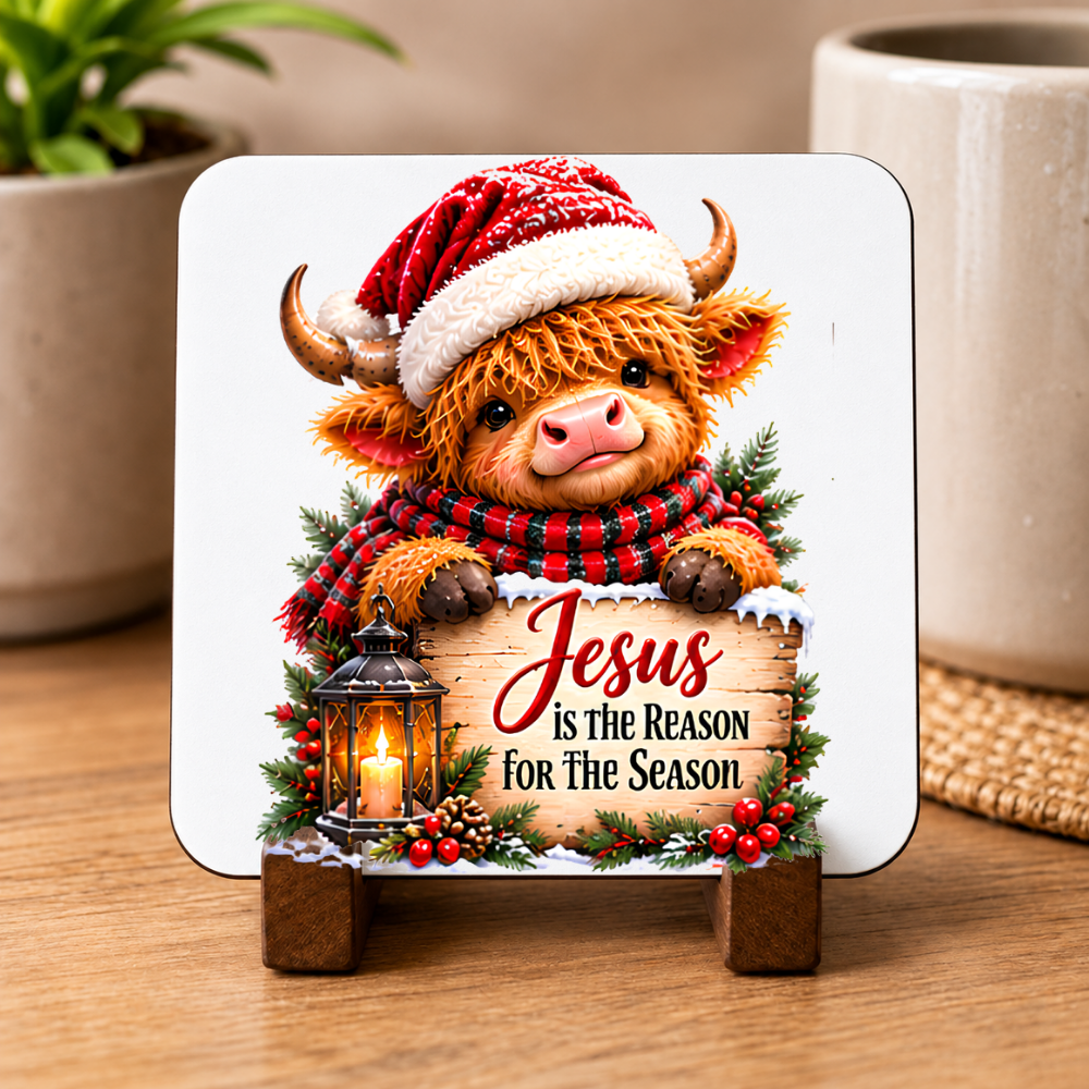 Christmas Highland Cow Hardboard Coaster "Jesus is the Reason for the Season" Graphic 9cm x 9cm Square Drinks Coaster “ Cute Calf in Santa H