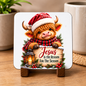 Christmas Highland Cow Hardboard Coaster "Jesus is the Reason for the Season" Graphic 9cm x 9cm Square Drinks Coaster “ Cute Calf in Santa H