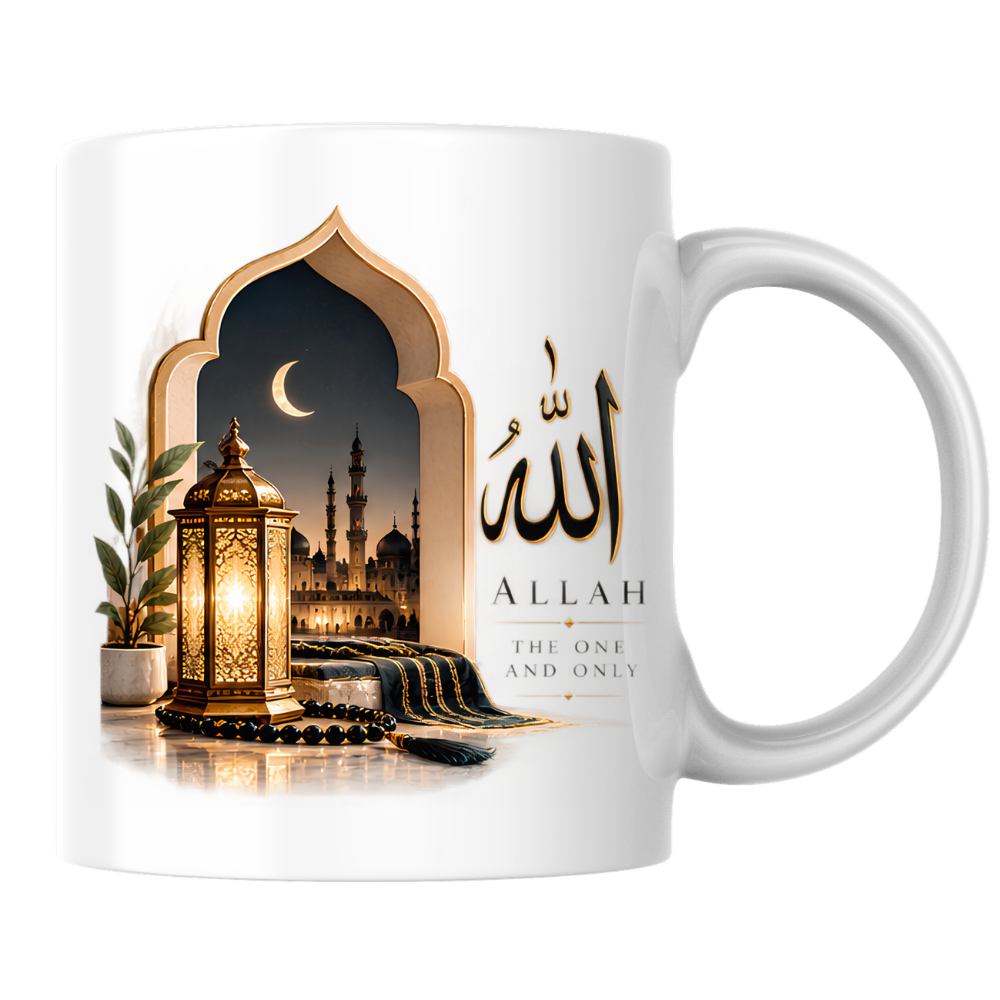 Islamic Mug "Allah The One And Only" Allah The One And Only 325ml Ceramic Coffee Mug – Elegant Arabic Calligraphy, Glowing Lantern & Mosque Archway Artwork | Islamic Spiritual Gift | Fast Dispatch by UK Seller (M3479)