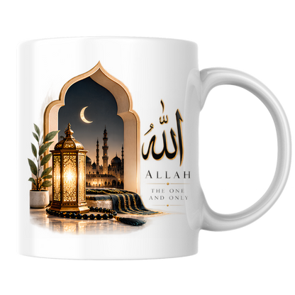Islamic Mug "Allah The One And Only" Allah The One And Only 325ml Ceramic Coffee Mug – Elegant Arabic Calligraphy, Glowing Lantern & Mosque Archway Artwork | Islamic Spiritual Gift | Fast Dispatch by UK Seller (M3479)