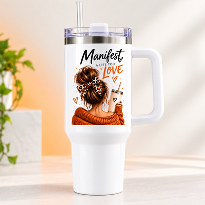 Inspirational Lifestyle Travel Tumbler "Manifest A Life You Love" Graphic 40oz Stainless Steel Insulated Travel Mug with Handle & Straw – Cozy Woman Messy Bun, Leopard Hair Bow, Terracotta Jumper & Iced Coffee Cup | Fast Dispatch by UK Seller (T3034)