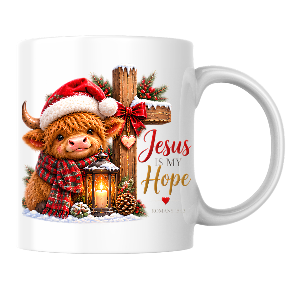 Christmas Mug "Jesus Is My Hope Highland Cow" Jesus Is My Hope Highland Cow 325ml Ceramic Coffee Mug – Festive Highland Coo Mug with Santa Hat Wooden Cross Lantern Christian Holiday Gift | Available in Multicolours | Fast Dispatch by UK Seller (M3305)