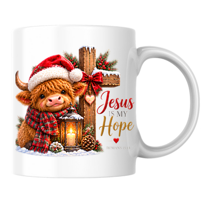 Christmas Mug "Jesus Is My Hope Highland Cow" Jesus Is My Hope Highland Cow 325ml Ceramic Coffee Mug – Festive Highland Coo Mug with Santa Hat Wooden Cross Lantern Christian Holiday Gift | Available in Multicolours | Fast Dispatch by UK Seller (M3305)
