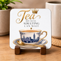 Royal British Tea Hardboard Coaster "Tea BECAUSE ADULTING CAN WAIT" Graphic 9cm x 9cm Square Drinks Coaster â€“ Vintage Blue Willow Teacup with Big Ben, Gold Crown Novelty Mat | Elegant Glossy Gift for Tea Lovers | Fast Dispatch by UK Seller (C3001)