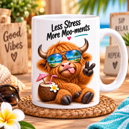 Novelty Mug Relaxing Tropical Highland Cow "Less Stress More Moo-ments" Ceramic Coffee Mug – Beach Vacation Farm Animal with Sunglasses & Coconut Drink Tea Cup Gift | Available in Multicolours | Fast Dispatch by UK Seller (M1226)
