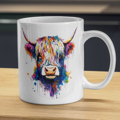 Colorful Watercolor Splash Highland Cow Ceramic Coffee Mug (M1209)