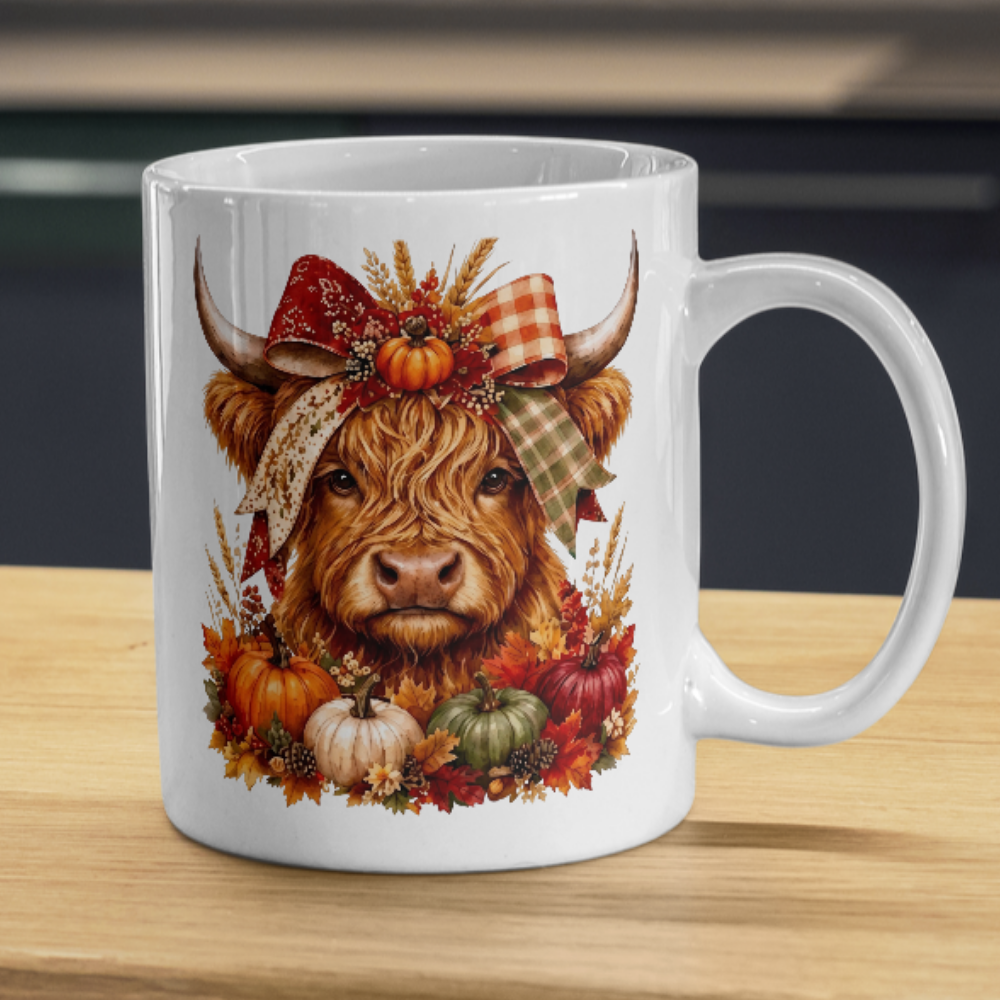Autumn Harvest Highland Cow Coffee Mug - Fall Pumpkin & Plaid Bow Farmhouse Animal Ceramic Tea Cup for Thanksgiving & Rustic Kitchen Decor (M1207)
