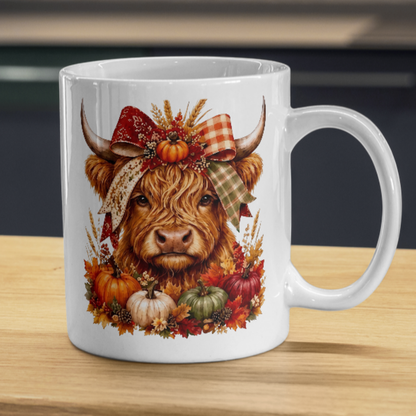 Autumn Harvest Highland Cow Coffee Mug - Fall Pumpkin & Plaid Bow Farmhouse Animal Ceramic Tea Cup for Thanksgiving & Rustic Kitchen Decor (M1207)