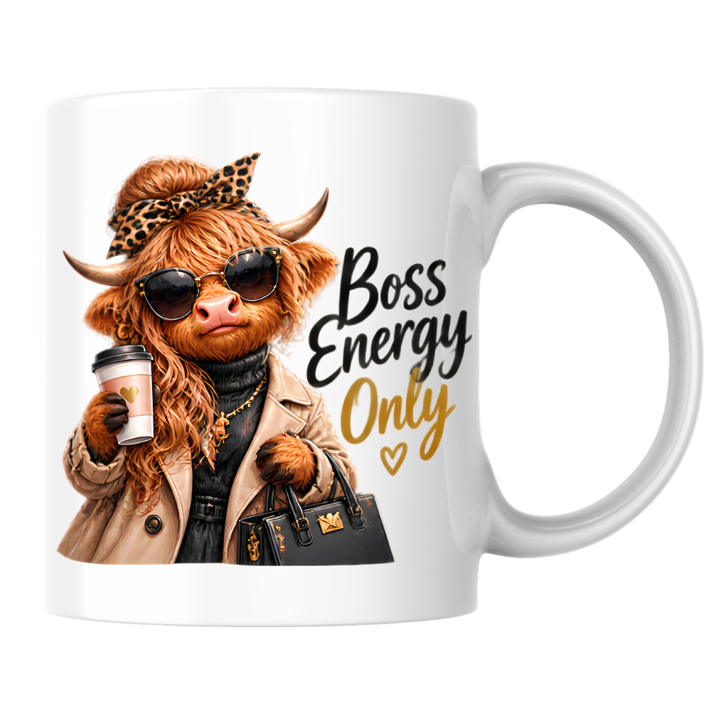Highland Cow Mug "Boss Energy Only Highland Cow" 325ml Ceramic Coffee Mug – Stylish Highland Cow in Leopard Bow, Trench Coat Sunglasses Holding Coffee Cup Designer Bag Office Boss Gift | Available in Multicolours | Fast Dispatch by UK Seller (M3277)