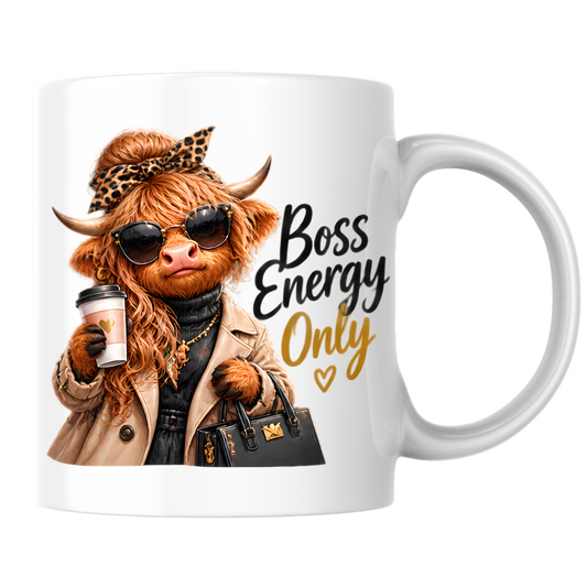 Highland Cow Mug "Boss Energy Only Highland Cow" 325ml Ceramic Coffee Mug – Stylish Highland Cow in Leopard Bow, Trench Coat Sunglasses Holding Coffee Cup Designer Bag Office Boss Gift | Available in Multicolours | Fast Dispatch by UK Seller (M3277)