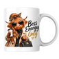 Highland Cow Mug "Boss Energy Only Highland Cow" 325ml Ceramic Coffee Mug – Stylish Highland Cow in Leopard Bow, Trench Coat Sunglasses Holding Coffee Cup Designer Bag Office Boss Gift | Available in Multicolours | Fast Dispatch by UK Seller (M3277)