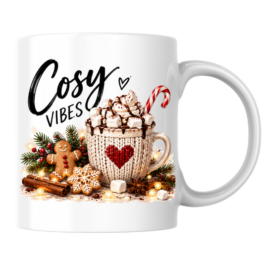 Cosy Vibes Hot Chocolate Mug "Cosy Vibes" Cosy Vibes 325ml Ceramic Coffee Mug – Knitted Mug with Marshmallows, Candy Cane, Gingerbread Man & Pine | Winter Holiday Gift | Fast Dispatch by UK Seller (M3403)