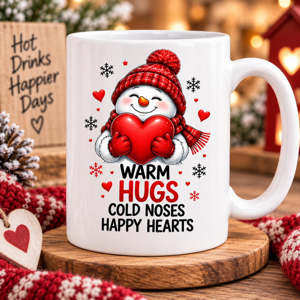 Heartwarming Mug "Warm Hugs" Snowman Ceramic Coffee Mug – Cute Winter Holiday Tea Cup with Red Heart & Scarf Gift 350ml | Available in Multicolours | Fast Dispatch by UK Seller (M1232)
