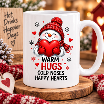 Heartwarming Mug "Warm Hugs" Snowman Ceramic Coffee Mug – Cute Winter Holiday Tea Cup with Red Heart & Scarf Gift 350ml | Available in Multicolours | Fast Dispatch by UK Seller (M1232)