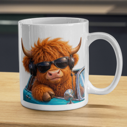 Cool Highland Cow Driving Convertible Car Coffee Mug - Sunglasses & Headphones Farm Animal Ceramic Tea Cup for Drivers & Music Lovers (M1217)