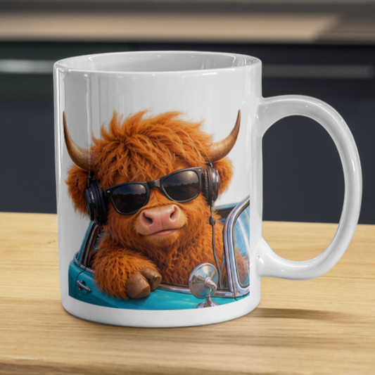 Cool Highland Cow Driving Convertible Car Coffee Mug - Sunglasses & Headphones Farm Animal Ceramic Tea Cup for Drivers & Music Lovers (M1217)