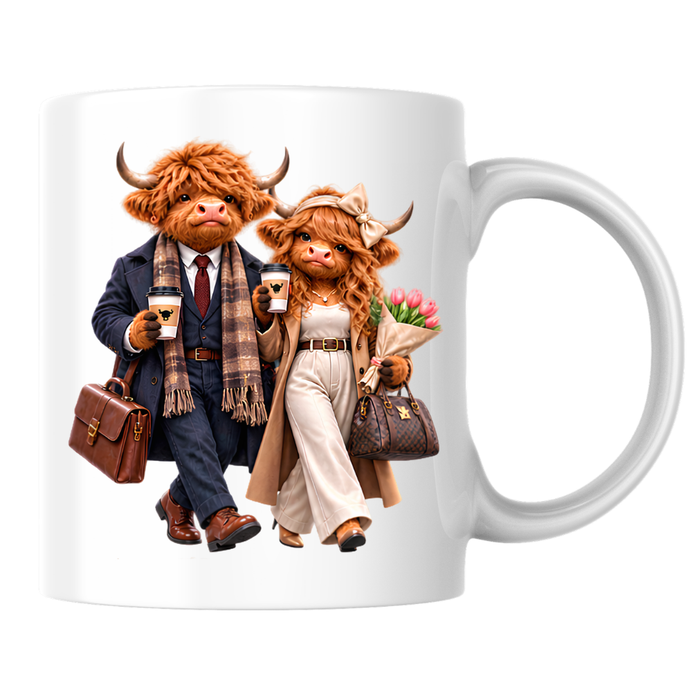 Highland Cow Mug "Dressed To Impress Highland Cow Couple" 325ml Ceramic Coffee Mug – Stylish Highland Cow Couple in Suits Trench Coats Carrying Coffee Romantic Gift For Couples Anniversaries | Available in Multicolours | Fast Dispatch by UK Seller (M3259)