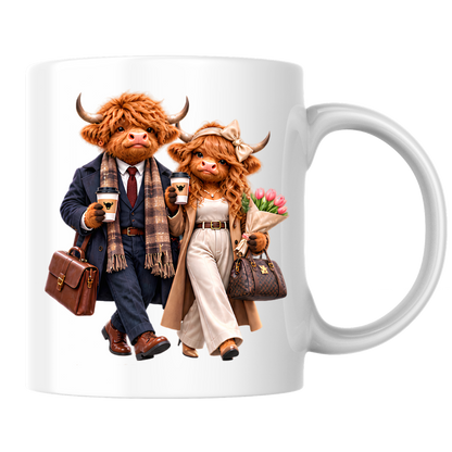 Highland Cow Mug "Dressed To Impress Highland Cow Couple" 325ml Ceramic Coffee Mug – Stylish Highland Cow Couple in Suits Trench Coats Carrying Coffee Romantic Gift For Couples Anniversaries | Available in Multicolours | Fast Dispatch by UK Seller (M3259)