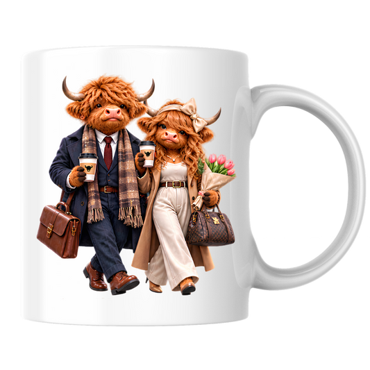 Highland Cow Mug "Dressed To Impress Highland Cow Couple" 325ml Ceramic Coffee Mug – Stylish Highland Cow Couple in Suits Trench Coats Carrying Coffee Romantic Gift For Couples Anniversaries | Available in Multicolours | Fast Dispatch by UK Seller (M3259)