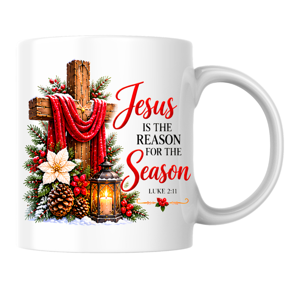 Religious Christmas Mug "Jesus Is The Reason For The Season" Jesus Is The Reason For The Season 325ml Ceramic Coffee Mug – Christian Christmas Cross Mug with Luke 2:11, Lantern & Poinsettia | Religious Holiday Gift | Fast Dispatch by UK Seller (M3337)