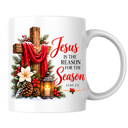 Religious Christmas Mug "Jesus Is The Reason For The Season" Jesus Is The Reason For The Season 325ml Ceramic Coffee Mug – Christian Christmas Cross Mug with Luke 2:11, Lantern & Poinsettia | Religious Holiday Gift | Fast Dispatch by UK Seller (M3337)