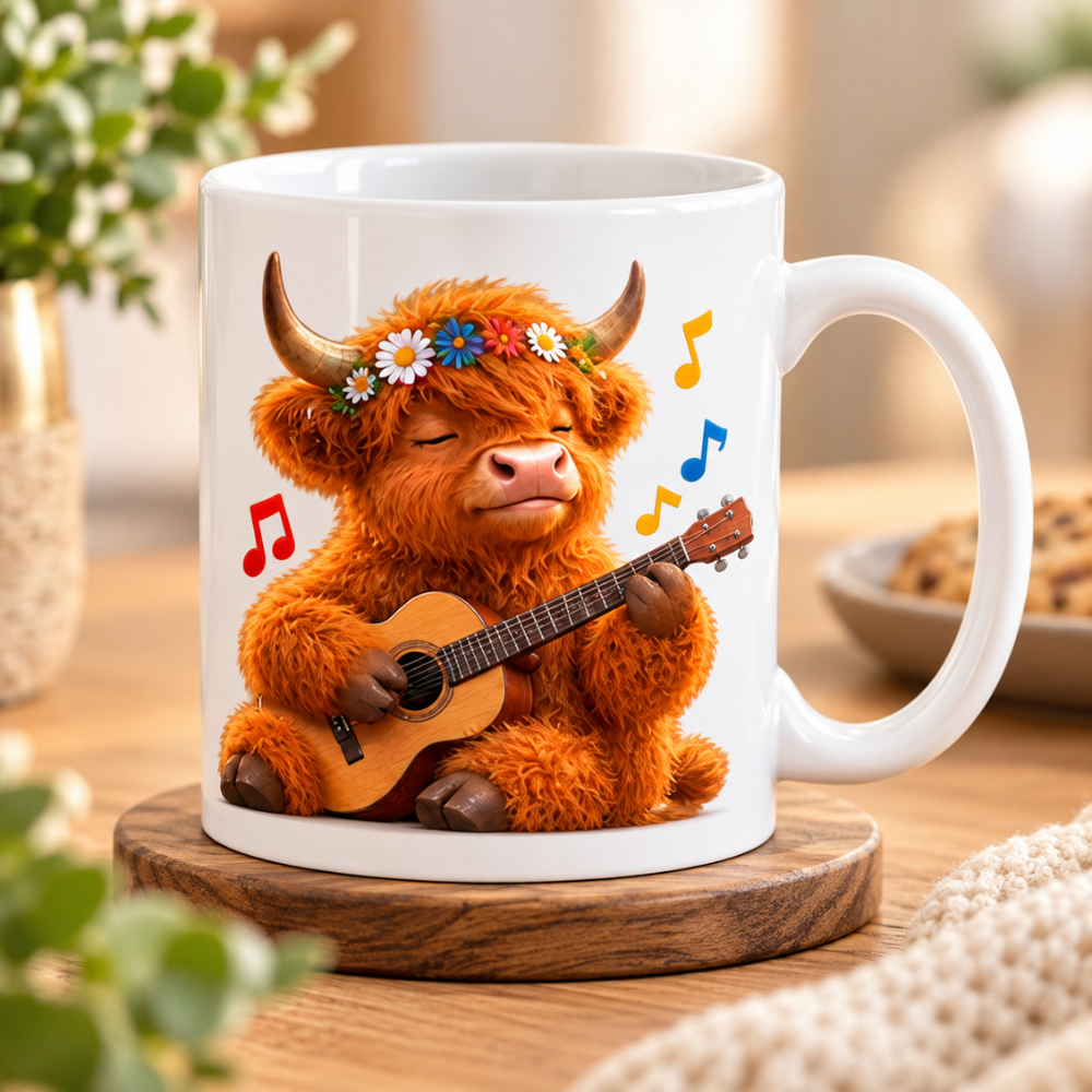 Highland Cow Playing Guitar Ceramic Coffee Mug - Cute Fluffy Farm Animal Flower Crown Tea Cup for Musicians & Music Lovers (M1219)