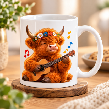 Highland Cow Playing Guitar Ceramic Coffee Mug - Cute Fluffy Farm Animal Flower Crown Tea Cup for Musicians & Music Lovers (M1219)