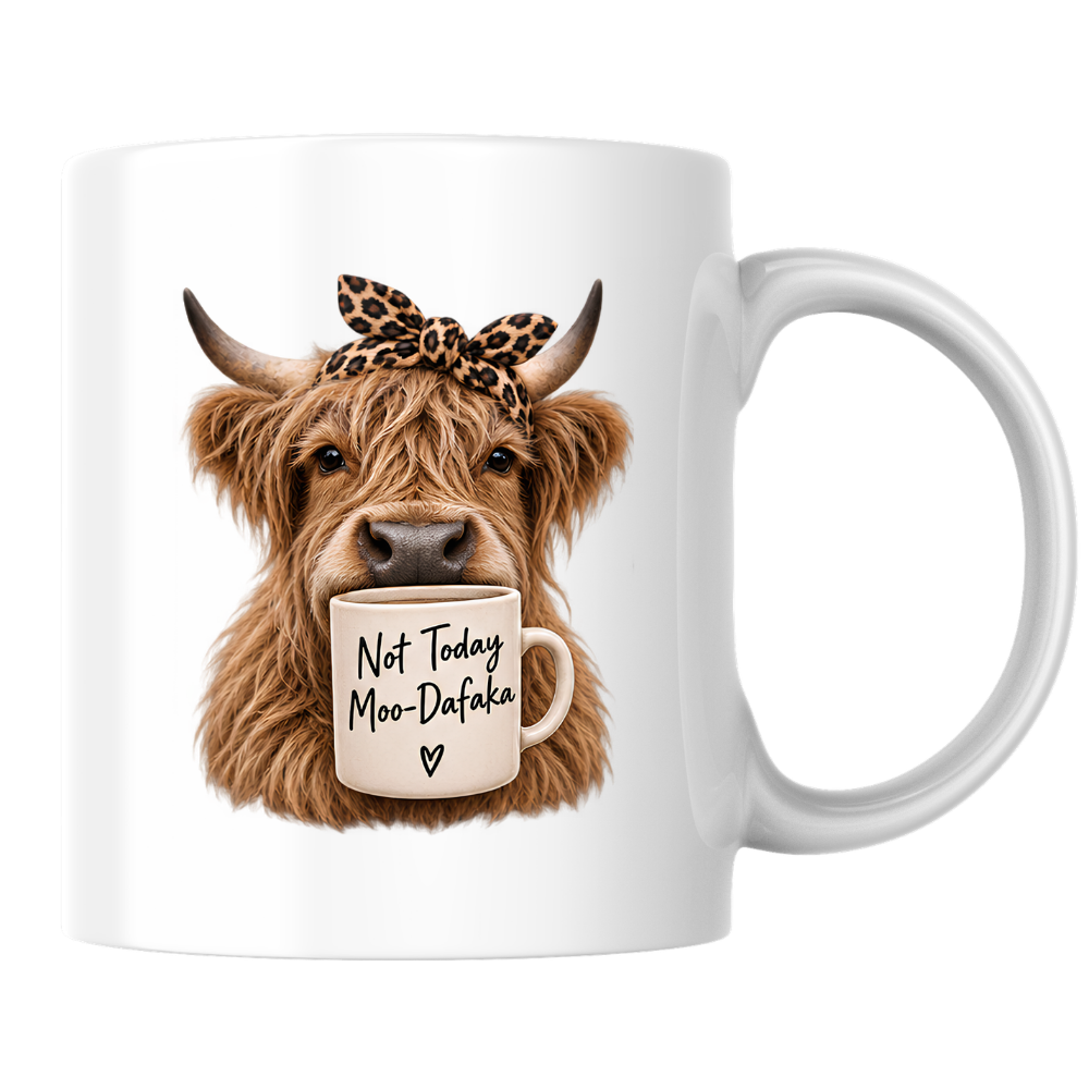 Sarcastic Mug "Not Today Moo-Dafaka" Highland Cow 325ml Ceramic Coffee Mug Funny Cow Tea Cup with Leopard Print Bow & Mini Mug Graphic Gift | Available in Multicolours | Fast Dispatch by UK Seller (M3006)