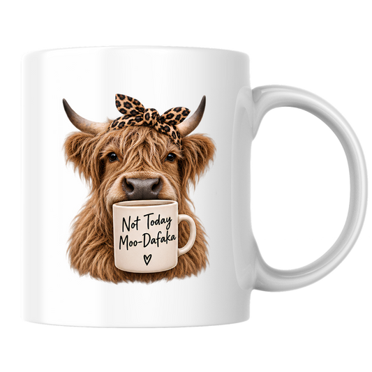 Sarcastic Mug "Not Today Moo-Dafaka" Highland Cow 325ml Ceramic Coffee Mug Funny Cow Tea Cup with Leopard Print Bow & Mini Mug Graphic Gift | Available in Multicolours | Fast Dispatch by UK Seller (M3006)