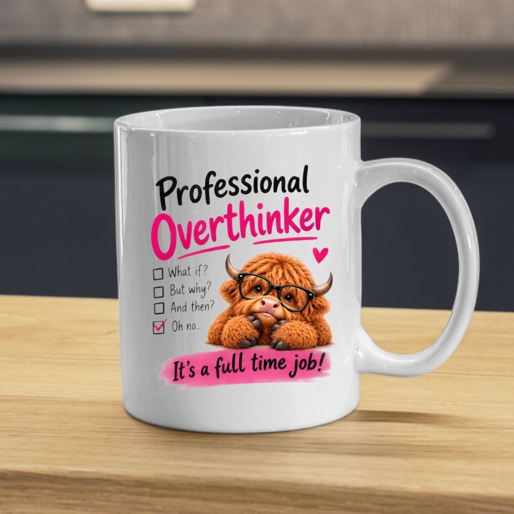 Humorous Mug "Professional Overthinker" Highland Cow 325ml Ceramic Coffee Mug Funny Relatable Tea Cup with Glasses & Checklist Gift | Available in Multicolours | Fast Dispatch by UK Seller (M1289)