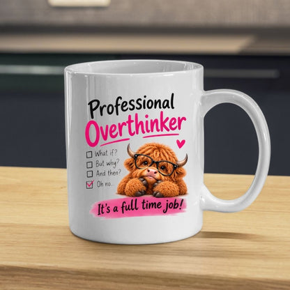 Humorous Mug "Professional Overthinker" Highland Cow 325ml Ceramic Coffee Mug Funny Relatable Tea Cup with Glasses & Checklist Gift | Available in Multicolours | Fast Dispatch by UK Seller (M1289)