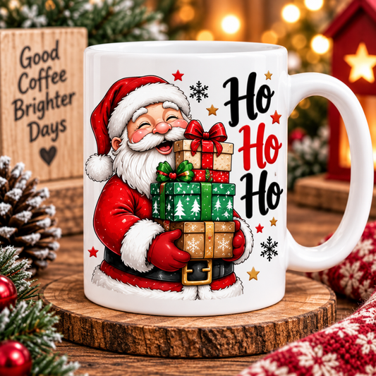 Joyful Mug "Ho Ho Ho" Santa Ceramic Coffee Mug – Cute Holiday Tea Cup with Stacked Christmas Gifts & Red Suit Gift 350ml | Available in Multicolours | Fast Dispatch by UK Seller (M1237)