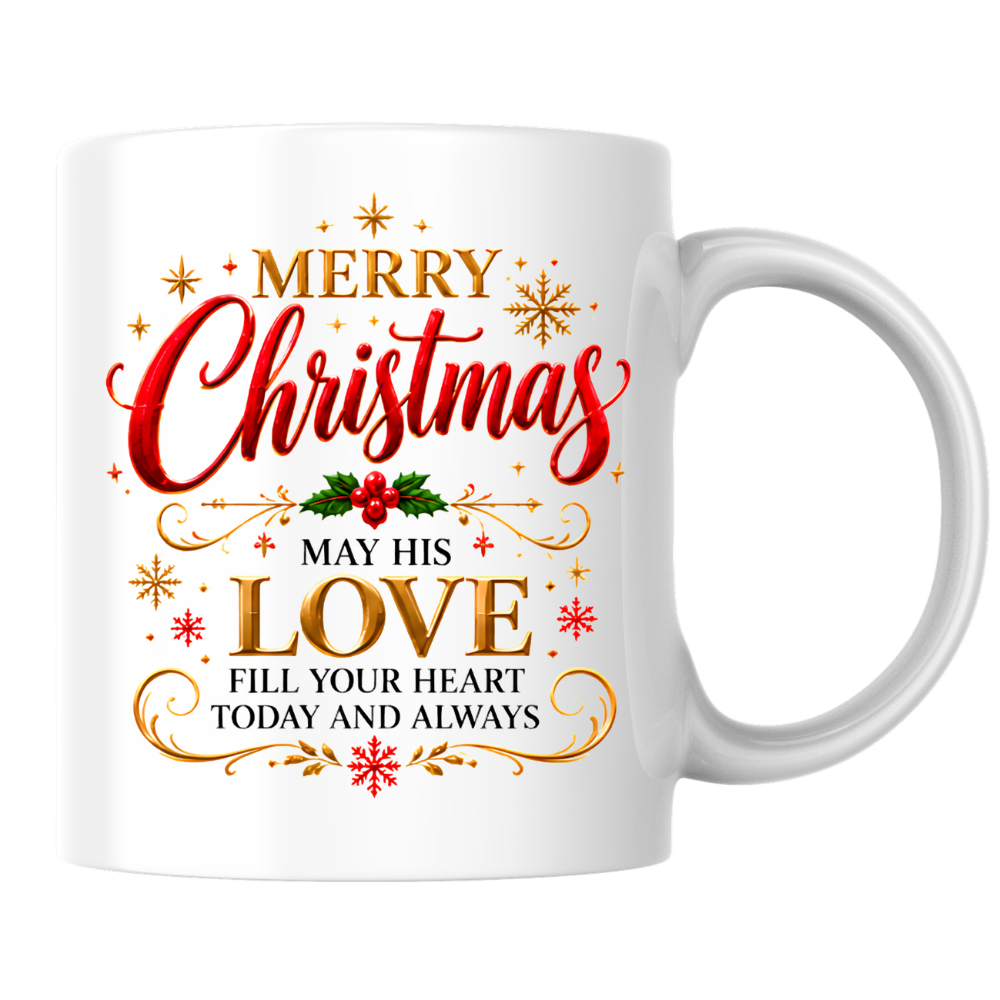 Christmas Mug "Merry Christmas May His Love Fill Your Heart" 325ml Ceramic Coffee Mug – Christian Holiday Blessing Mug With Holly Berries Gold Snowflakes Festive Gift | Available in Multicolours | Fast Dispatch by UK Seller (M3291)