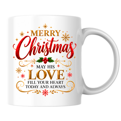 Christmas Mug "Merry Christmas May His Love Fill Your Heart" 325ml Ceramic Coffee Mug – Christian Holiday Blessing Mug With Holly Berries Gold Snowflakes Festive Gift | Available in Multicolours | Fast Dispatch by UK Seller (M3291)