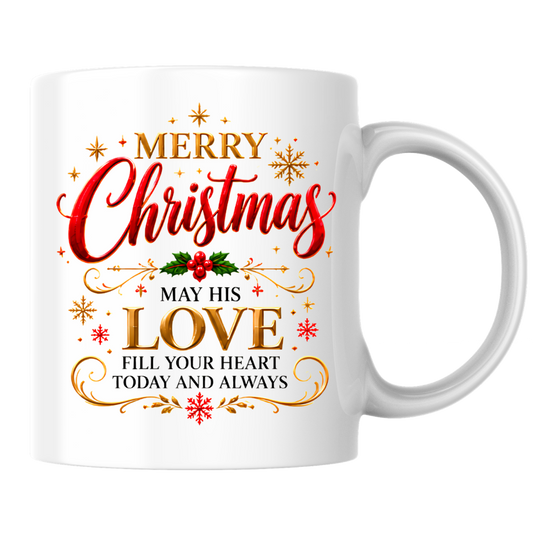 Christmas Mug "Merry Christmas May His Love Fill Your Heart" 325ml Ceramic Coffee Mug – Christian Holiday Blessing Mug With Holly Berries Gold Snowflakes Festive Gift | Available in Multicolours | Fast Dispatch by UK Seller (M3291)