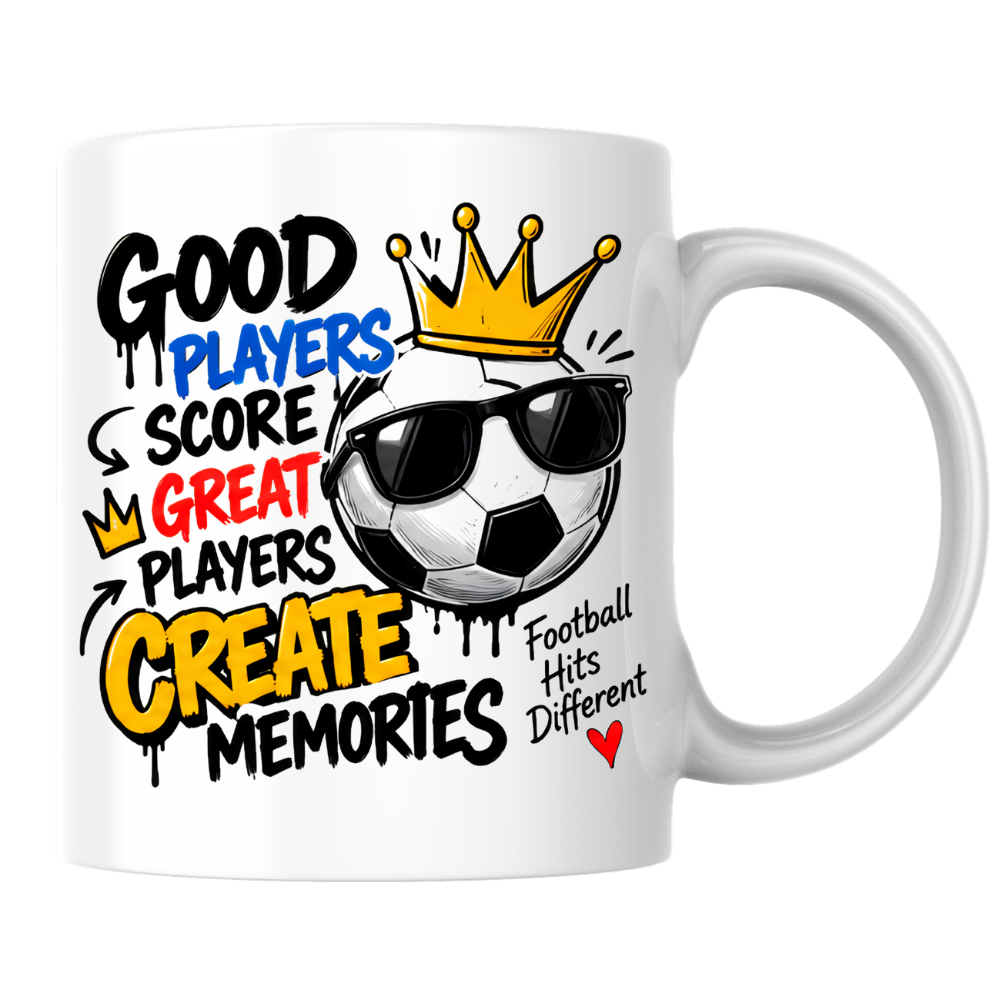 Football Mug "GOOD PLAYERS SCORE GREAT PLAYERS CREATE MEMORY" Cool Football 325ml Ceramic Coffee Mug – Sporty Football Tea Cup with Crown, Sunglasses & "Football Hits Different" Graphic Gift | Available in Multicolours | Fast Dispatch by UK Seller (M3092)