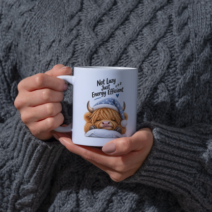 Funny Mug Sleeping Highland Cow "Not Lazy Just Energy Efficient" Ceramic Coffee Mug - Relatable Sarcastic Farm Animal Nightcap Tea Cup Gift | Available in Multicolours | Fast Dispatch by UK Seller (M1223)