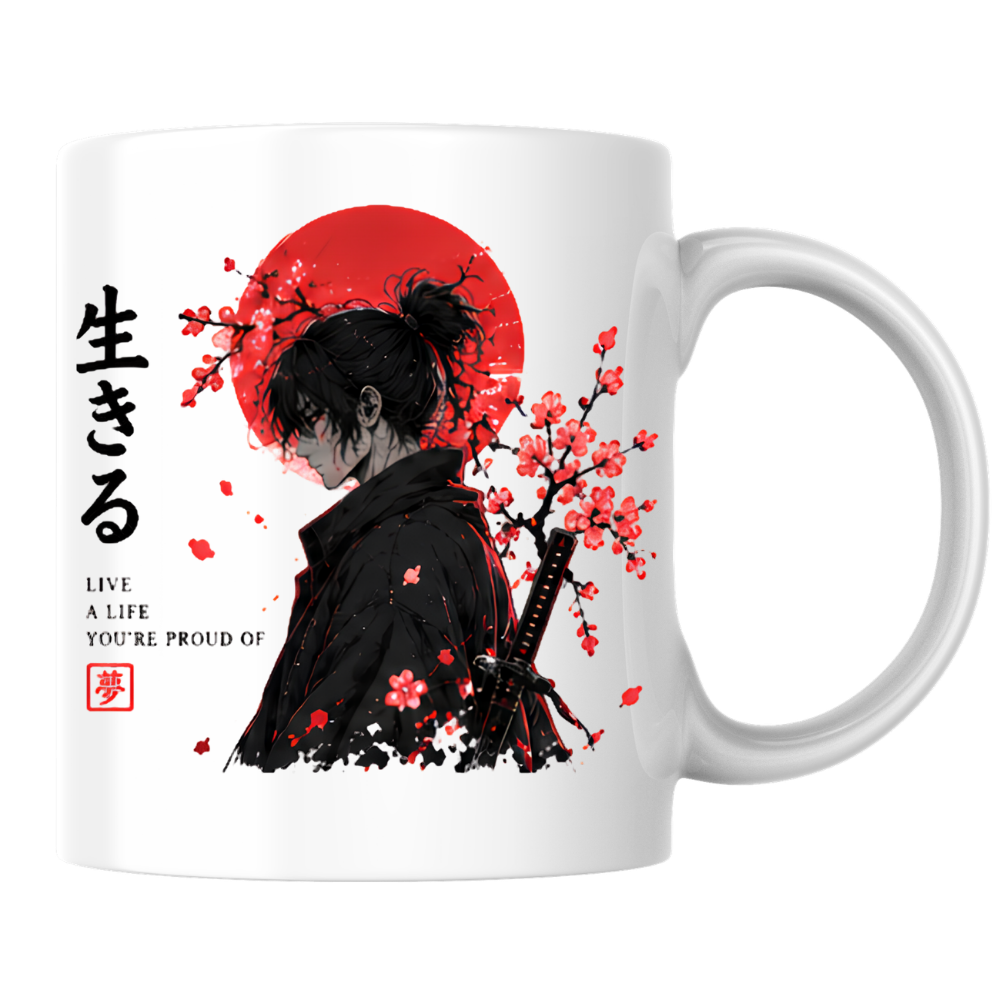 Japanese Anime Samurai Mug "LIVE A LIFE You'Re Proud Of" Red Sun & Cherry Blossom 325ml Ceramic Coffee Mug – Aesthetic Warrior Tea Cup with Kanji Katana Graphic Gift | Available in Multicolours | Fast Dispatch by UK Seller (M3032)