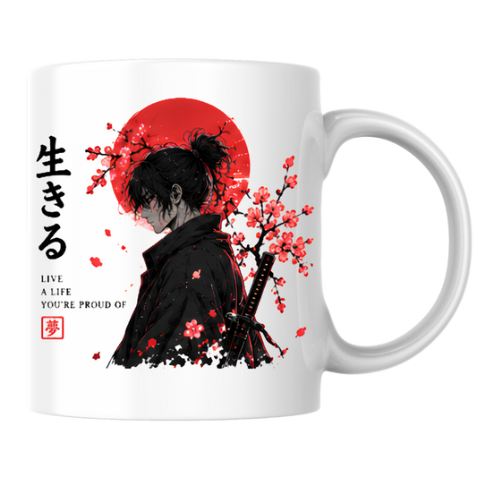 Japanese Anime Samurai Mug "LIVE A LIFE You'Re Proud Of" Red Sun & Cherry Blossom 325ml Ceramic Coffee Mug – Aesthetic Warrior Tea Cup with Kanji Katana Graphic Gift | Available in Multicolours | Fast Dispatch by UK Seller (M3032)