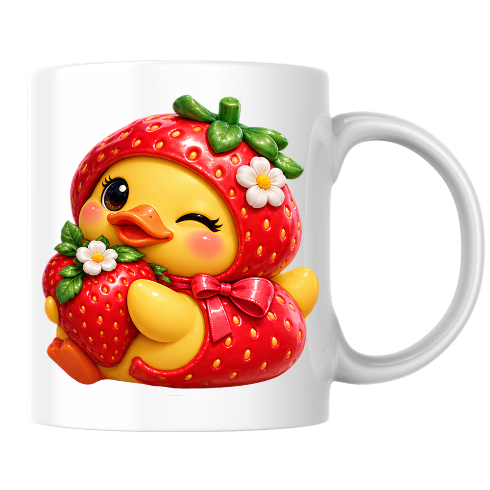 Cute Duck Mug "Winking Strawberry Duckling" Cute Winking Duckling in Strawberry Costume 325ml Ceramic Coffee Mug – Adorable Yellow Duck Hugging Fresh Strawberry Sweet Gift | Available in Multicolours | Fast Dispatch by UK Seller (M3289)