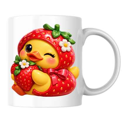 Cute Duck Mug "Winking Strawberry Duckling" Cute Winking Duckling in Strawberry Costume 325ml Ceramic Coffee Mug – Adorable Yellow Duck Hugging Fresh Strawberry Sweet Gift | Available in Multicolours | Fast Dispatch by UK Seller (M3289)