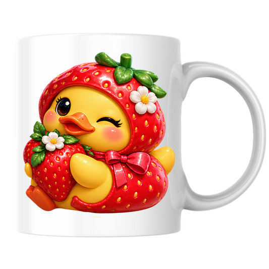 Cute Duck Mug "Winking Strawberry Duckling" Cute Winking Duckling in Strawberry Costume 325ml Ceramic Coffee Mug – Adorable Yellow Duck Hugging Fresh Strawberry Sweet Gift | Available in Multicolours | Fast Dispatch by UK Seller (M3289)