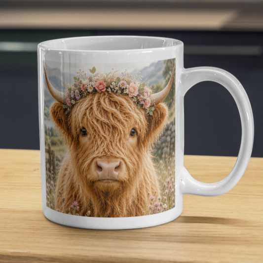 Fluffy Highland Cow Coffee Mug with Floral Crown - Cute Farmhouse Animal Ceramic Tea Cup for Rustic Kitchen Decor & Nature Lovers (M1202)