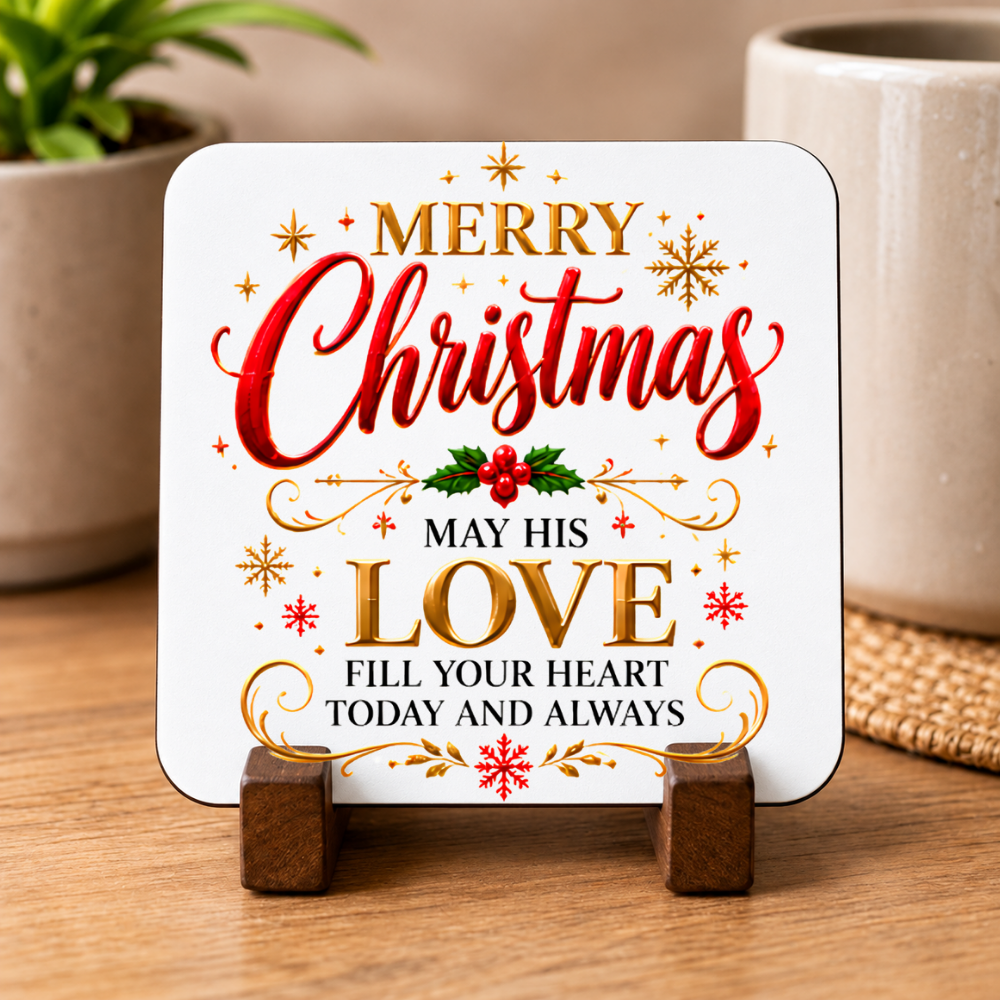 Festive Christian Christmas Coaster "Merry Christmas May His Love Fill Your Heart Today and Always" Graphic Glossy Hardboard 9x9cm Drinks Mat – Golden & Red Script Holiday Tableware Gift | Fast Dispatch by UK Seller (C3053)
