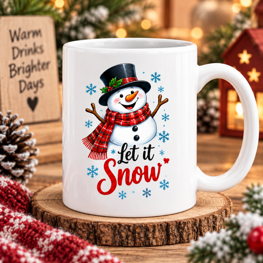 Festive Mug "Let It Snow" Snowman Ceramic Coffee Mug – Cute Winter Holiday Tea Cup with Scarf & Snowflake Decor Gift 350ml | Available in Multicolours | Fast Dispatch by UK Seller (M1231)