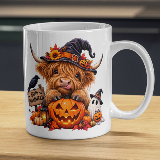Spooky Cute Halloween Highland Cow Coffee Mug - Witch Hat & Jack-o'-Lantern Pumpkin Ceramic Tea Cup for Fall & Spooky Season Decor (M1212)